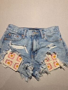 Aeropostale Light Blue Denim Distressed Shorts with Crochet Daisy Insets